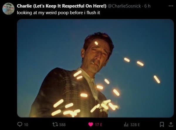 A classic viral tweet using a "cursed" image of a man and sparklers to describe "looking at my weird poop before i flush it."