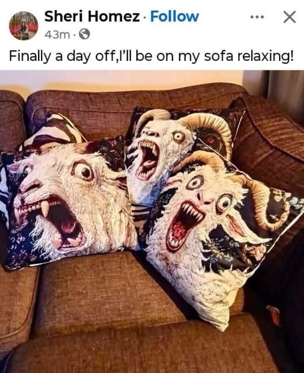Cursed classic meme showing screaming goat pillows on a sofa