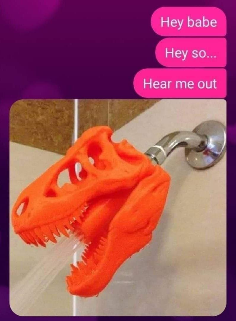 A classic meme of a text exchange showing a 3D-printed orange T-Rex skull shower head.