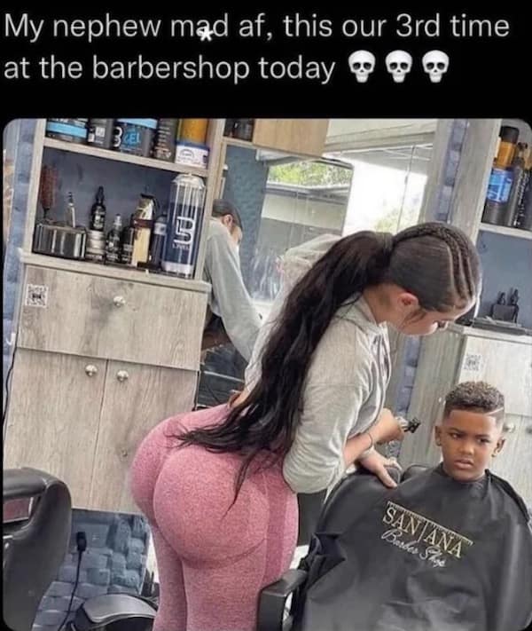 A classic meme of a kid at a barbershop, mad because his uncle keeps bringing him back to see the curvy barber.