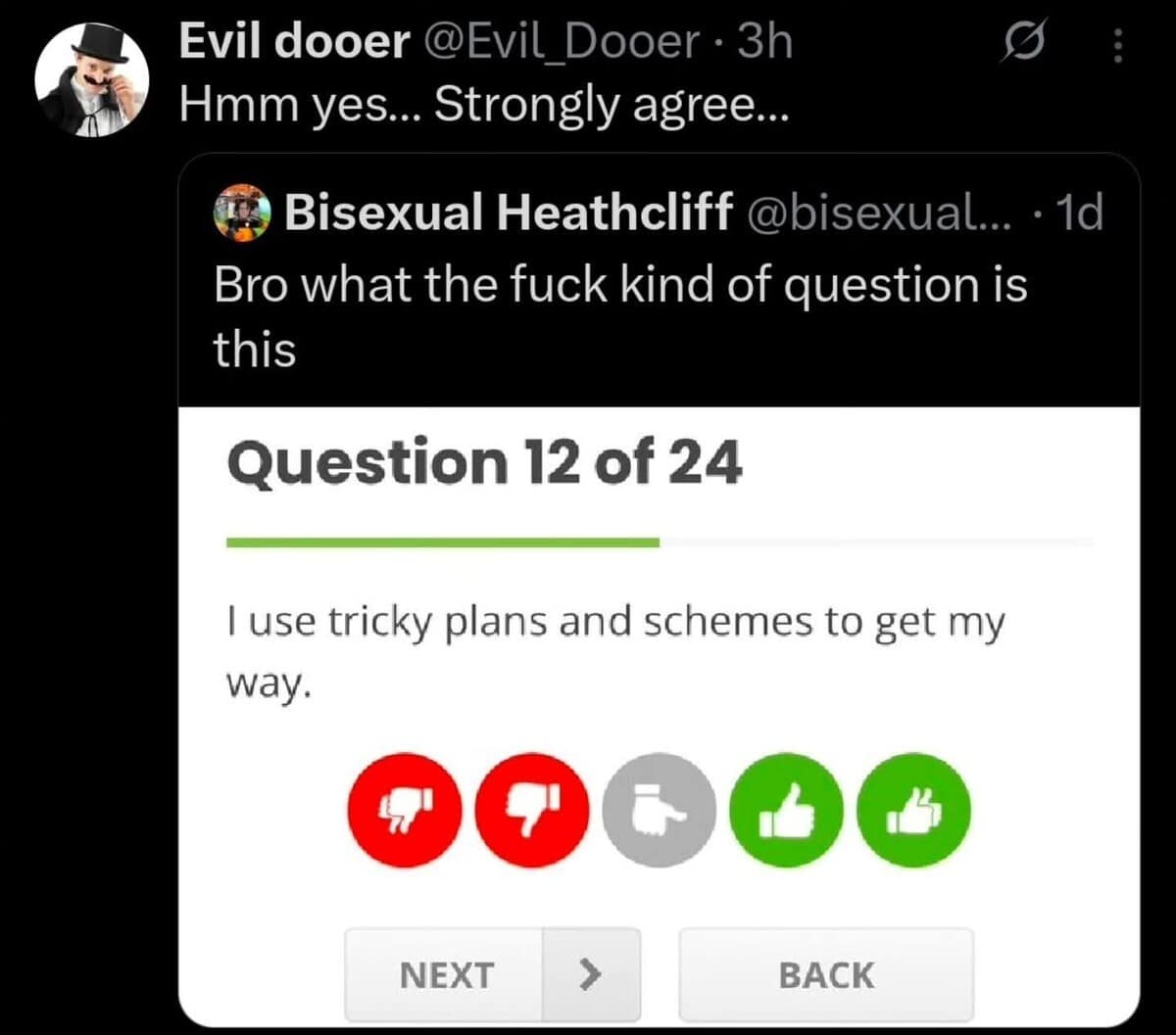 A cartoon villain answering a personality test in a classic meme about schemes.