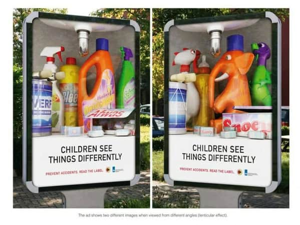Lenticular poster showing bleach transforming into toys in a clever ad about child safety.
