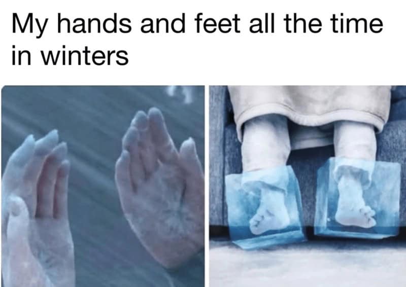 Funny cold weather meme using images from Frozen to show hands and feet in blocks of ice.