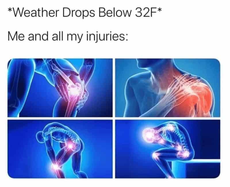 Cold weather meme showing X-rays of aching joints with text "Weather Drops Below 32F Me and all my injuries."