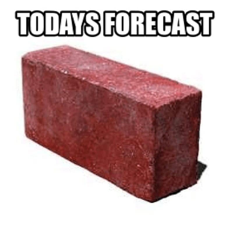 Funny cold weather meme with a red brick and the text "TODAYS FORECAST" implying it's "brick" outside.