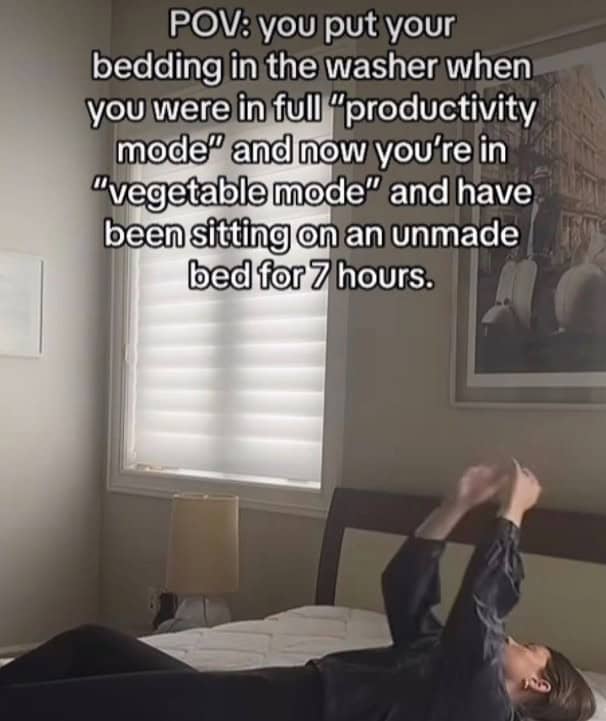 A relatable, funny screenshot about starting to wash bedding in "productivity mode" and getting stuck in "vegetable mode."