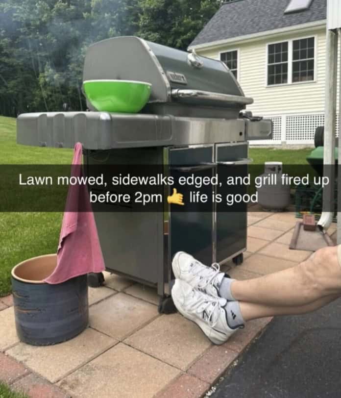 A classic dad meme of a dad's "life is good" moment: lawn mowed, grill fired up, and New Balance shoes on.