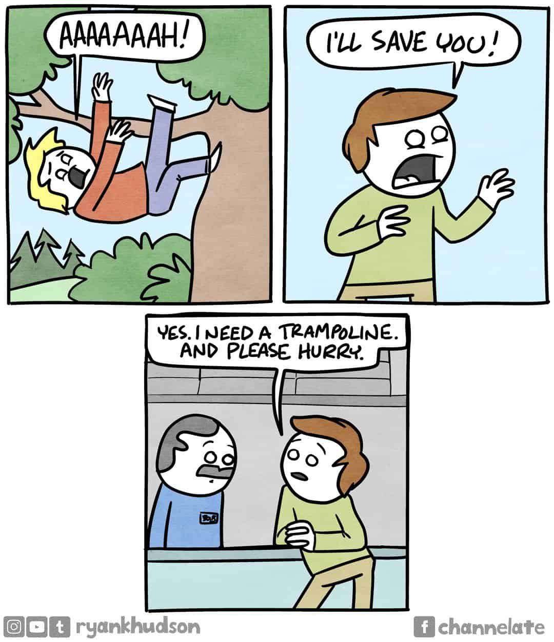 Dark humor comic about a friend buying a trampoline to save a falling man