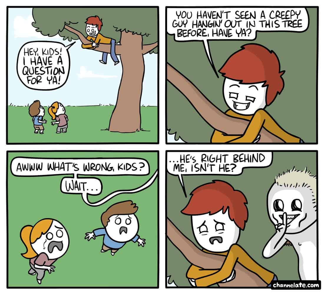 Dark humor comic featuring a tree creeper getting caught by a monster