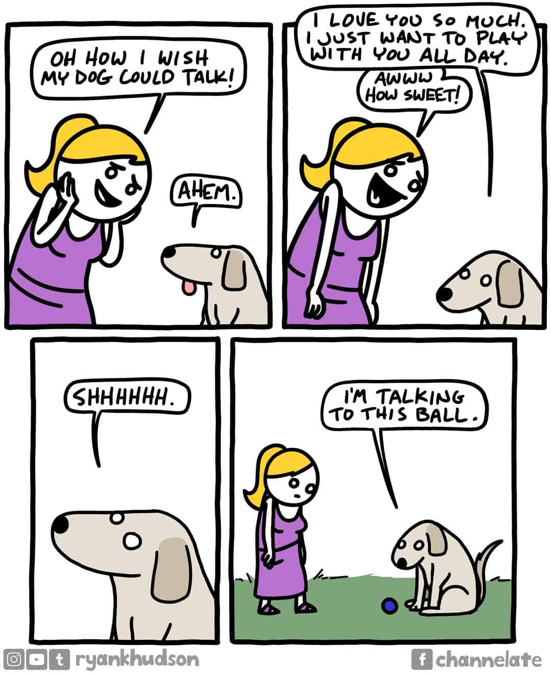 Dark humor comic where a dog ignores his owner to talk to a ball