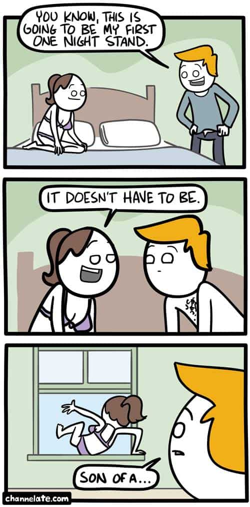 Dark humor comic showing a woman jumping out a window to escape a date