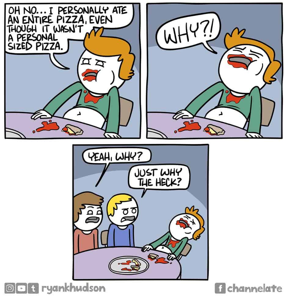 Dark humor comic about a man dying after eating a non-personal pizza