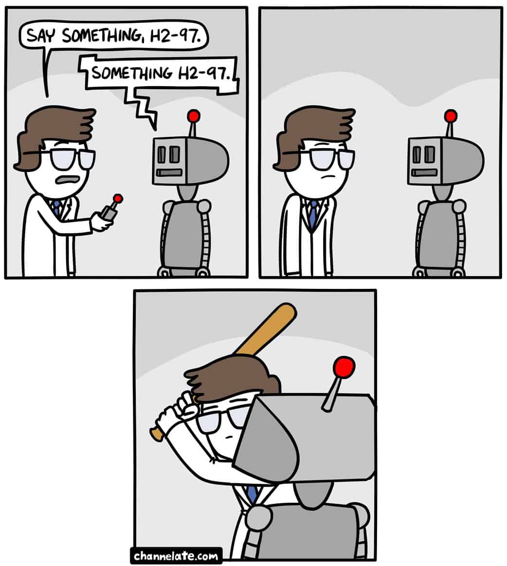 Dark humor comic where a scientist beats a robot for not speaking