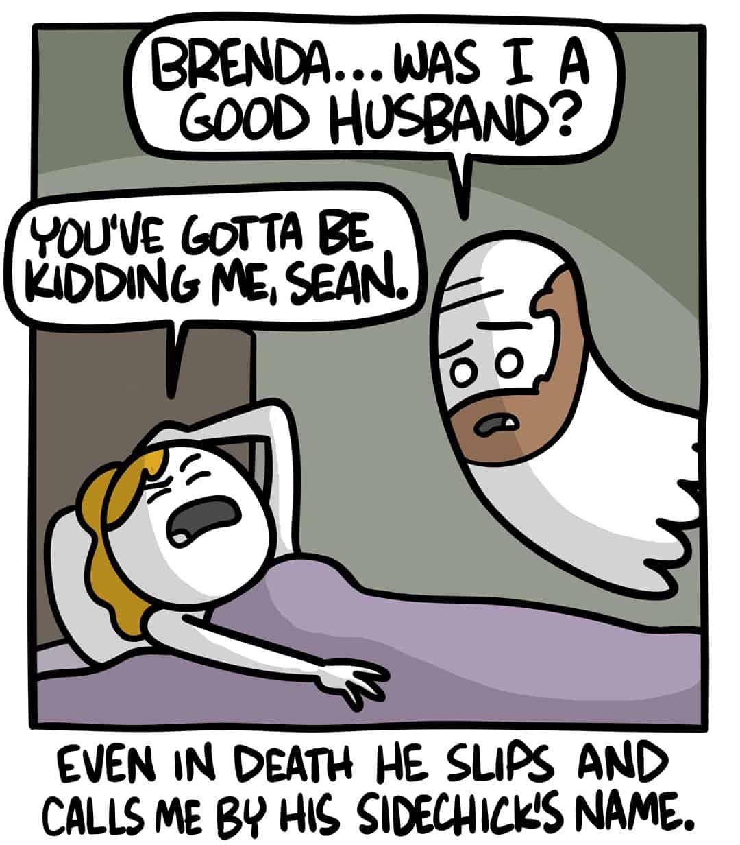 Dark humor comic of a ghost husband accidentally revealing his affair to his wife