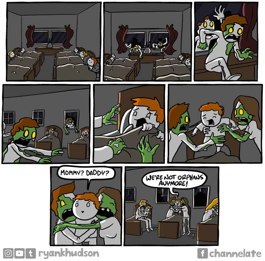 Dark humor comic where zombies adopt orphans instead of eating them