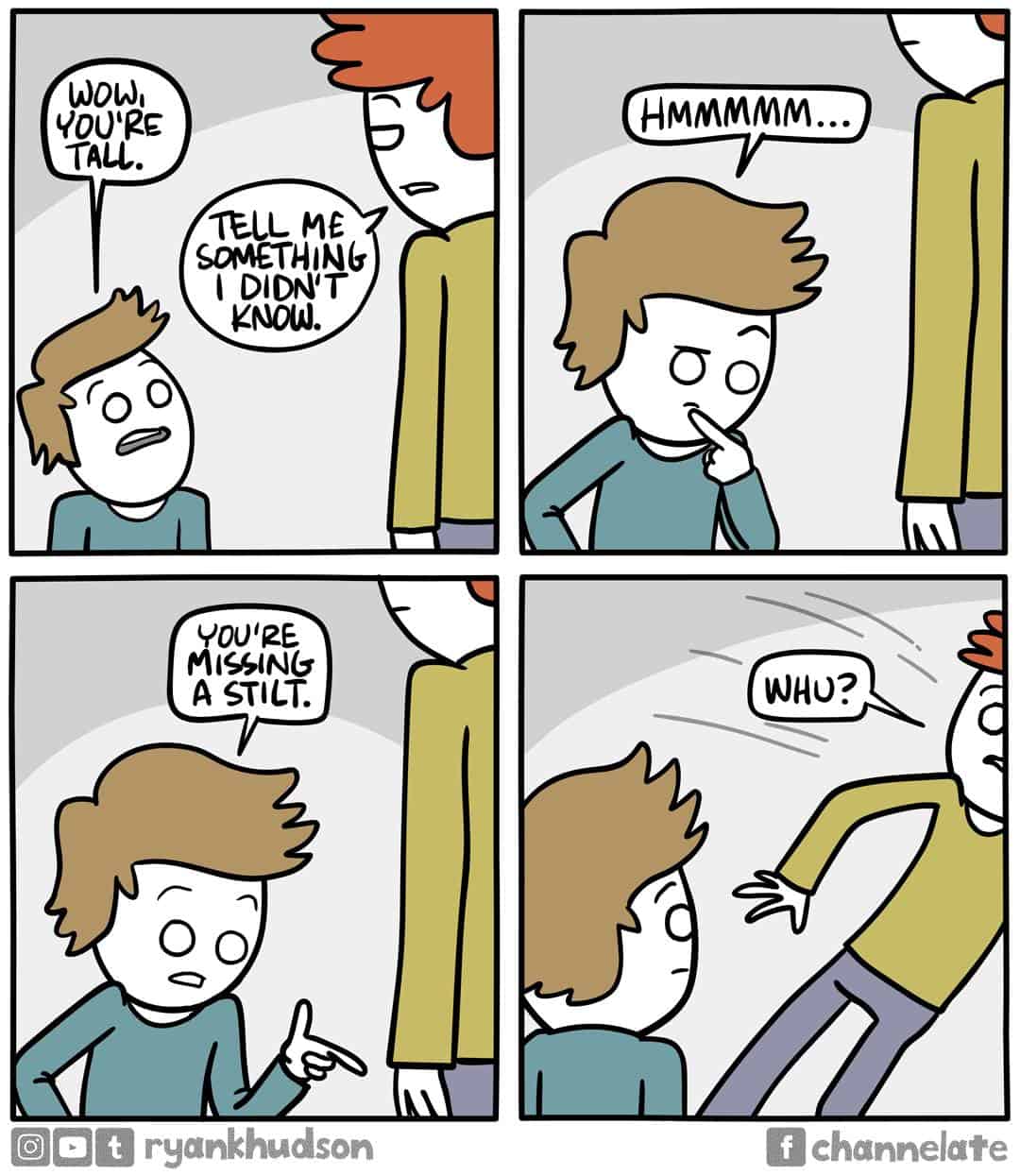 Dark humor comic where a tall person kicks a short person on stilts