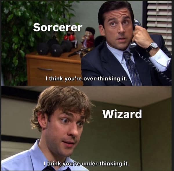 A funny d&d meme using The Office to compare Sorcerers ("over-thinking it") and Wizards ("under-thinking it").
