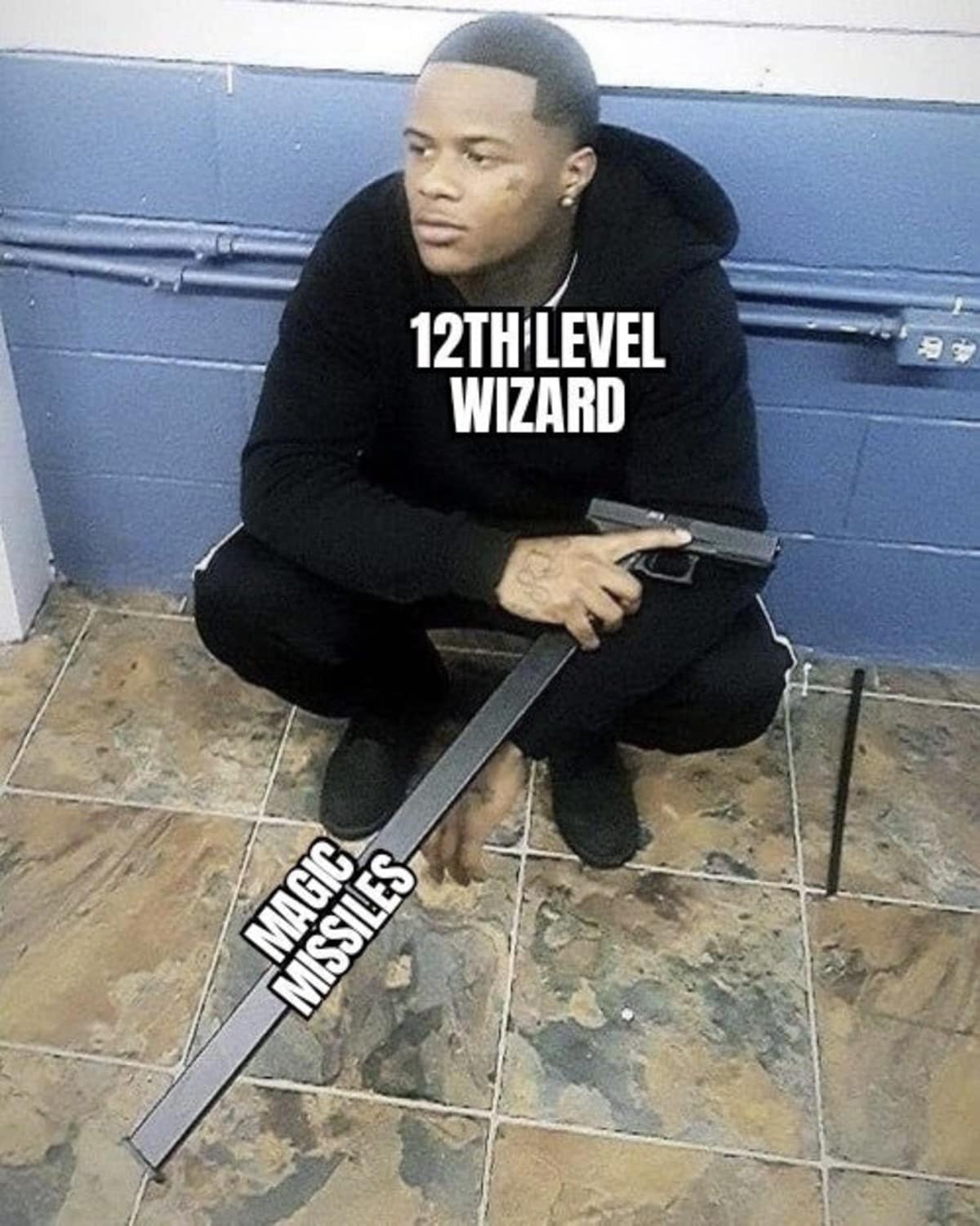 A hilarious dnd meme comparing a 12th level wizard's upcast "Magic Missiles" spell to a pistol with a giant extended magazine.