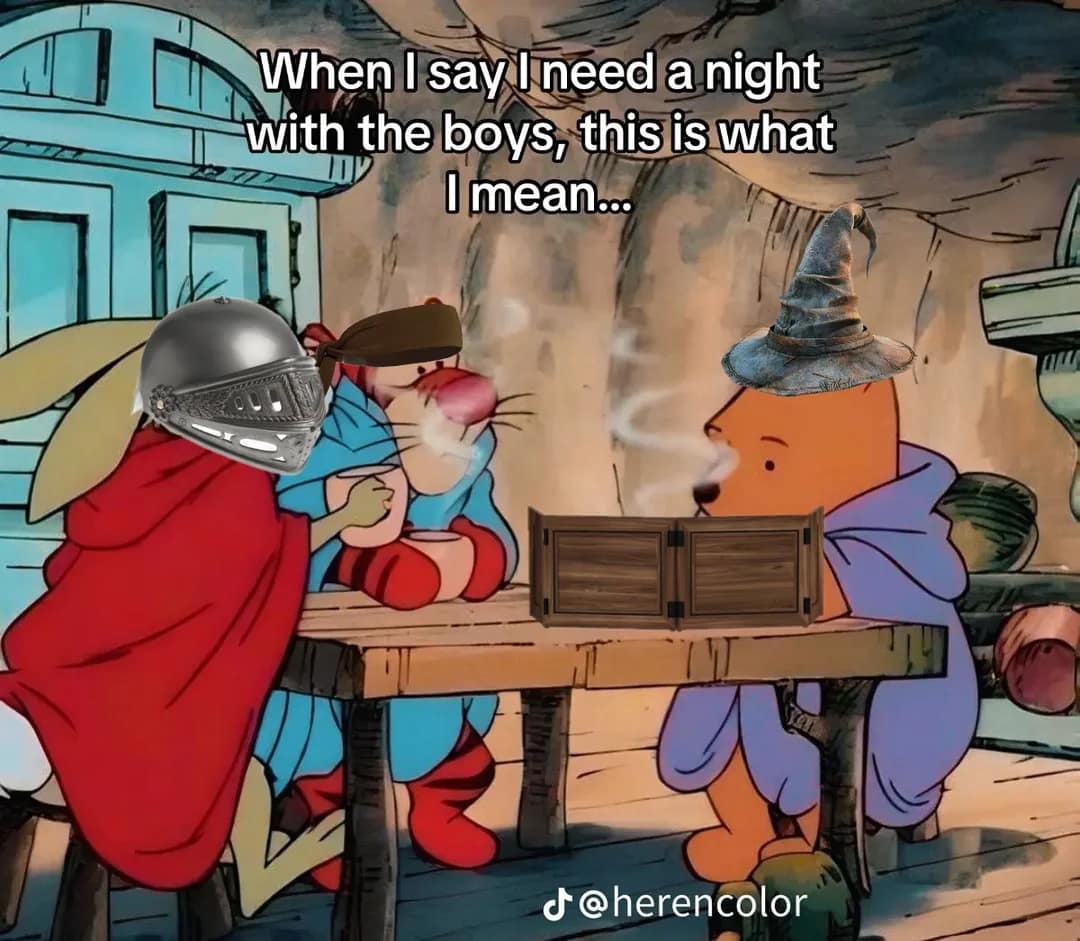 A wholesome d&d meme showing Winnie the Pooh and friends playing Dungeons & Dragons as "a night with the boys."