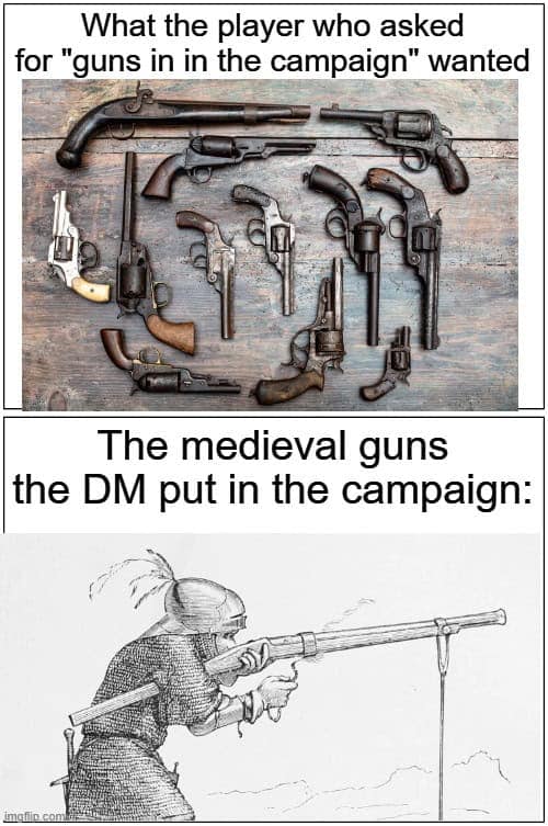 A dnd meme comparing a player's expectation for cool guns versus the DM's medieval hand cannon