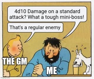 A dnd meme using the Tintin format to show a player shocked that a "regular enemy" does "4d10 damage."