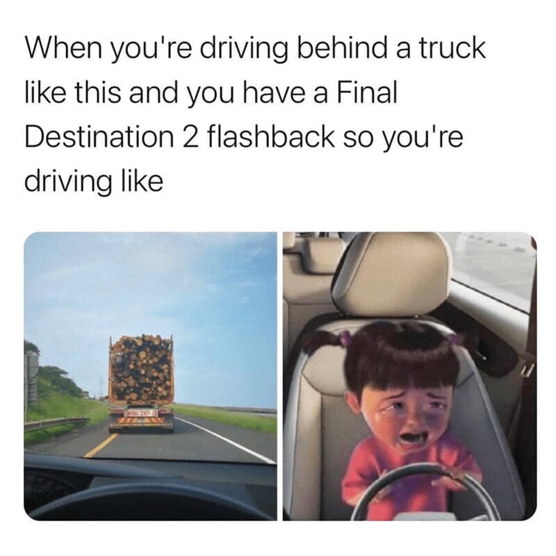 Boo from Monsters Inc crying driving behind logging truck Final Destination meme.