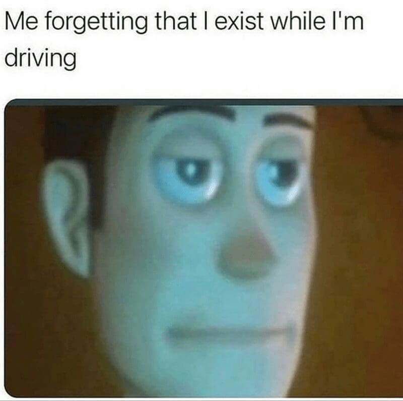 Woody from Toy Story staring blankly representing highway hypnosis driving meme.