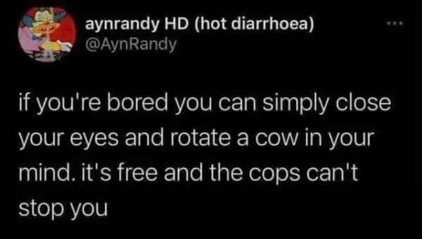 Viral tweet about mentally rotating a cow for free entertainment that police cannot stop.