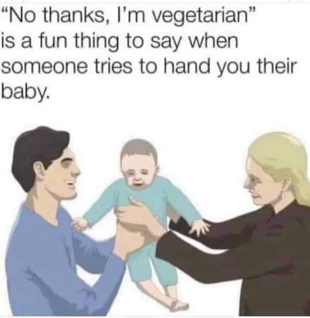 A funny dumb life hack suggesting you say "No thanks, I'm vegetarian" when someone hands you their baby.