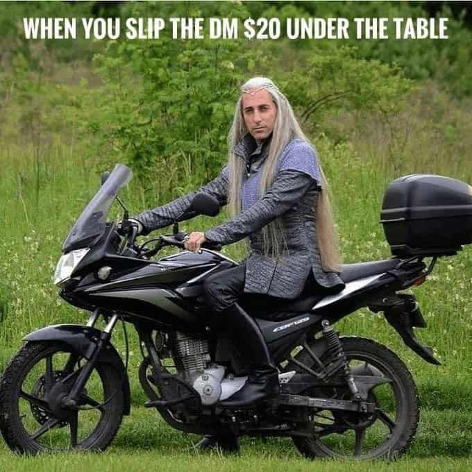 Funny D&D meme of an elf in fantasy armor sitting on a modern black motorcycle in a field.