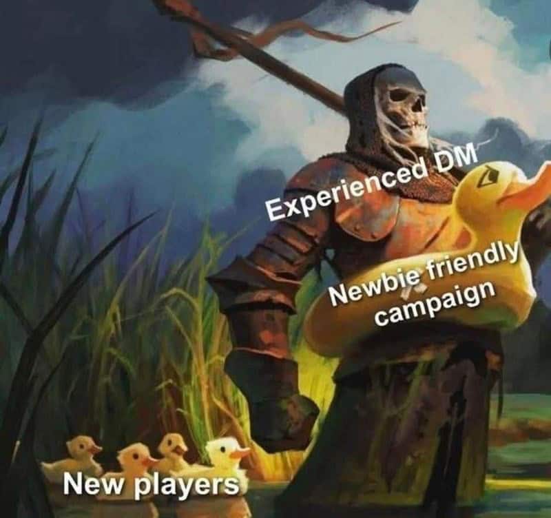 Wholesome D&D meme of a skeleton DM in a duck floaty leading new players as ducklings.