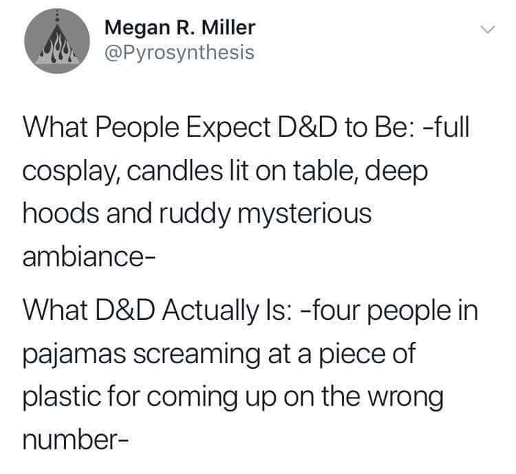 A funny tweet about the "Expectation vs. Reality" of playing D&D, from cosplay to screaming at dice.
