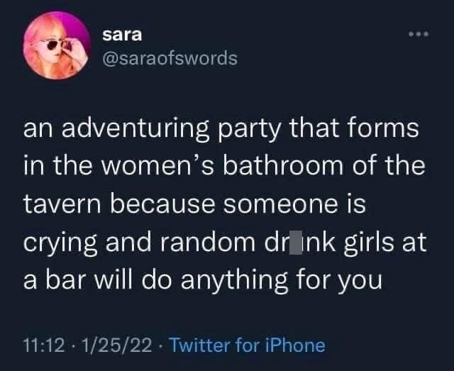 A funny D&D tweet suggesting a campaign where the party forms in a tavern's women's bathroom.