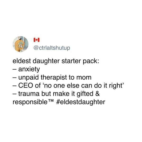 Starter pack list including anxiety and gifted kid burnout for eldest daughter memes.