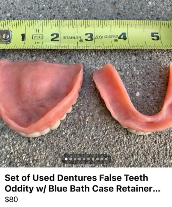 A classic Facebook Marketplace fail of "Used Dentures" for sale, measured with a tape measure.