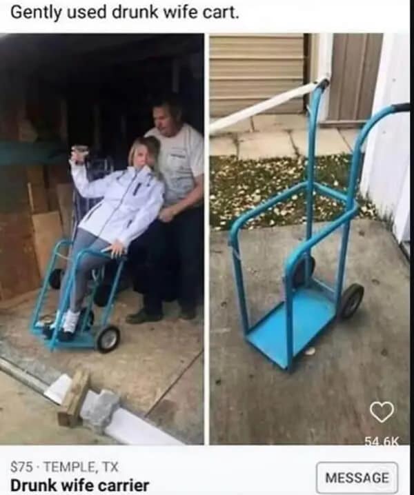 A funny Facebook Marketplace fail for a "Drunk wife carrier," which is just a blue hand-truck.