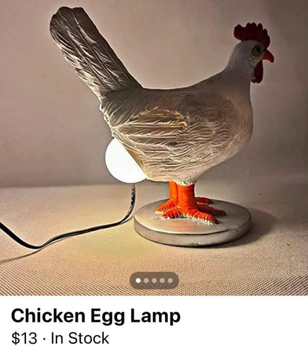 A cursed Facebook Marketplace fail of a "Chicken Egg Lamp" where the lightbulb is the egg.
