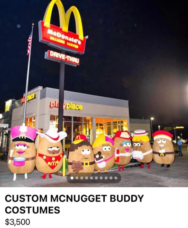 A wild Facebook Marketplace fail listing for a full set of custom McNugget Buddy costumes for $3,500.