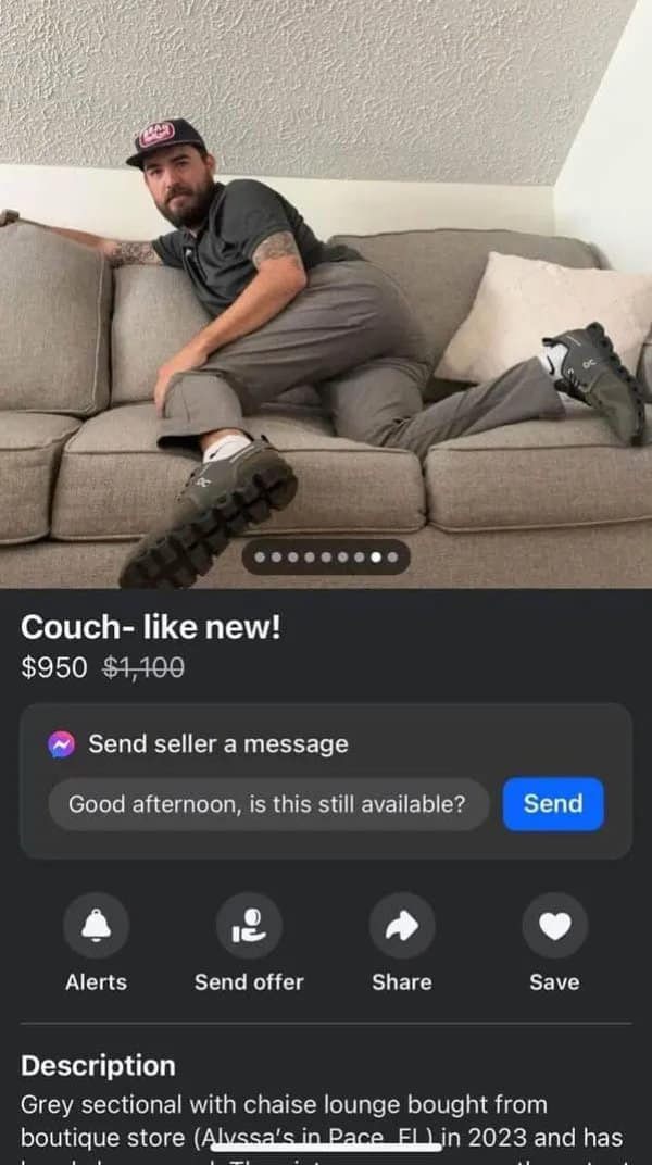 A funny facebook marketplace meme showing a man posing seductively on a grey couch he is selling.