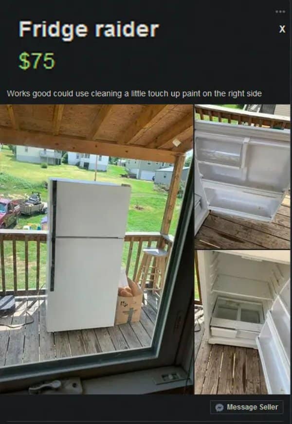 A funny facebook marketplace meme of a refrigerator for sale, misspelled as "Fridge raider."