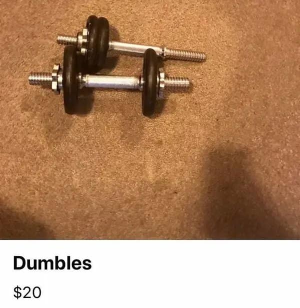 A facebook marketplace meme of dumbbells for sale, misspelled as "Dumbles."