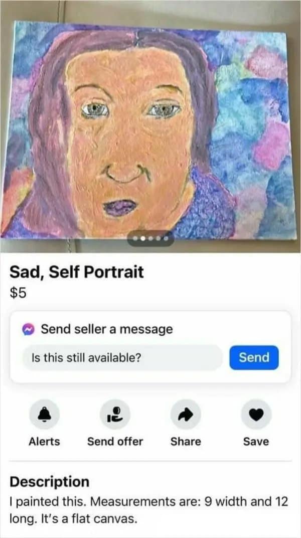 A funny online listing of a bad painting called "Sad, Self Portrait" for $5.