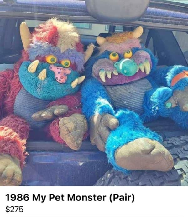 A facebook marketplace meme of a listing for two 1986 "My Pet Monster" dolls.