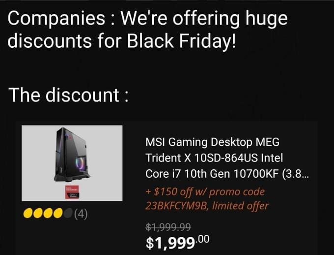 Gaming PC funny black friday meme showing a fake discount