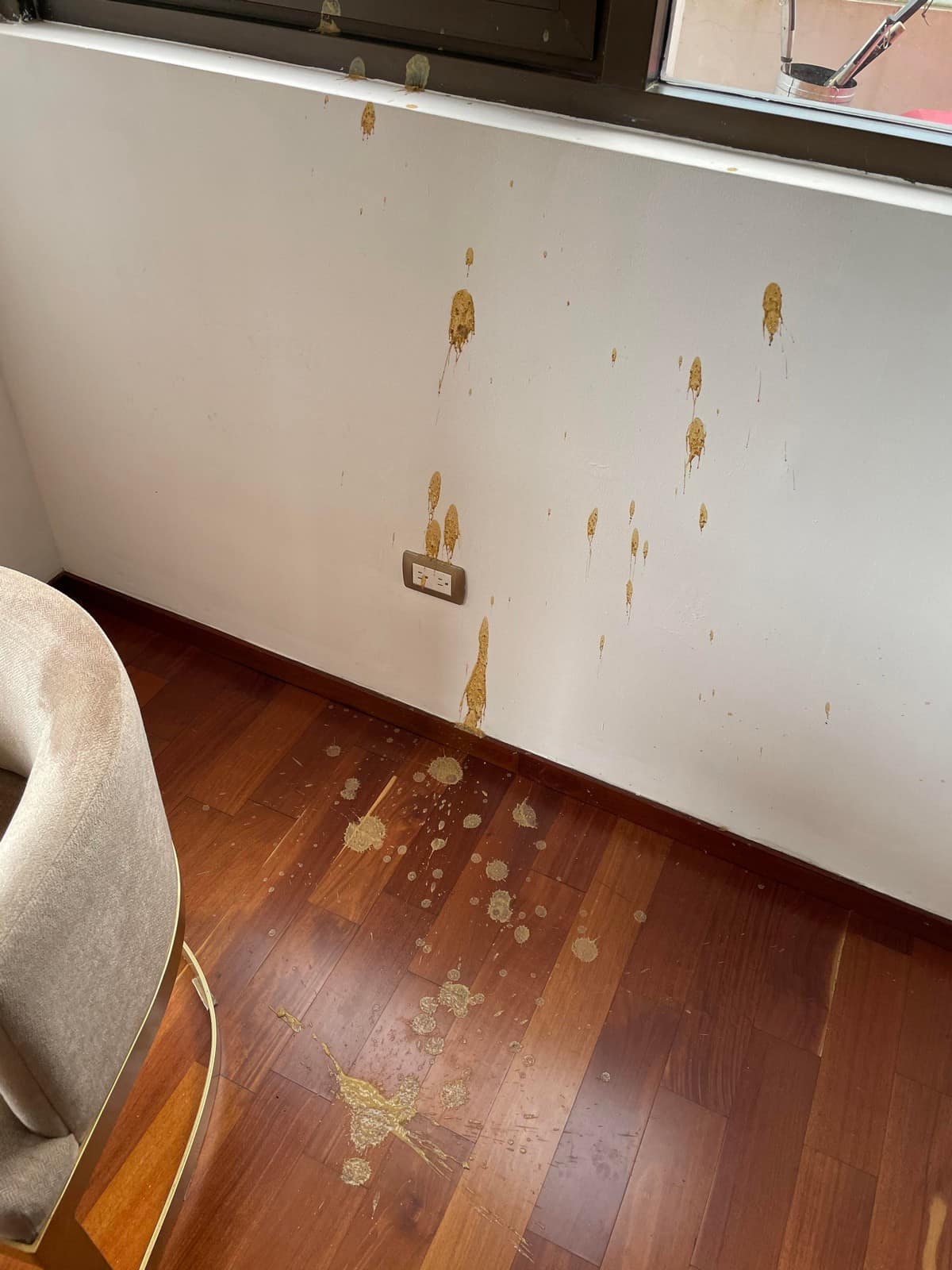 A funny fail of a "kombucha explosion" or "fermentation" spray, splattering all over a white wall and wood floor.