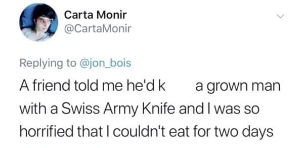 Funny, dark tweet about a kid who lied about killing a man with a Swiss Army Knife.