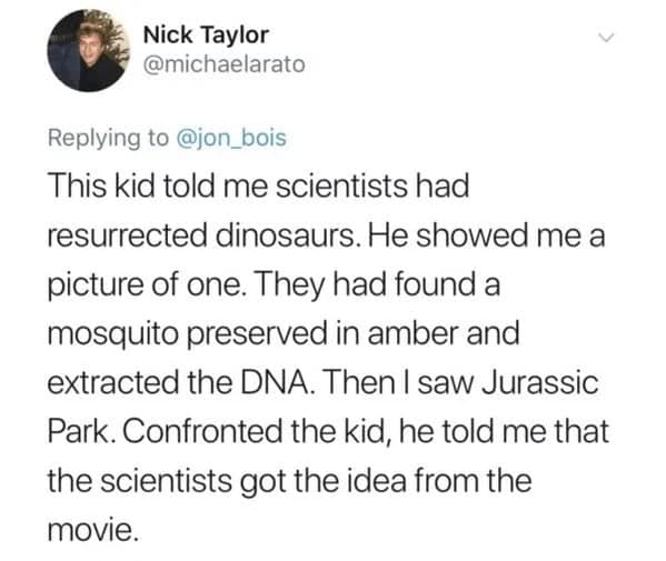 Funny tweet about a kid who lied about "Jurassic Park" being real, then lied again when confronted.