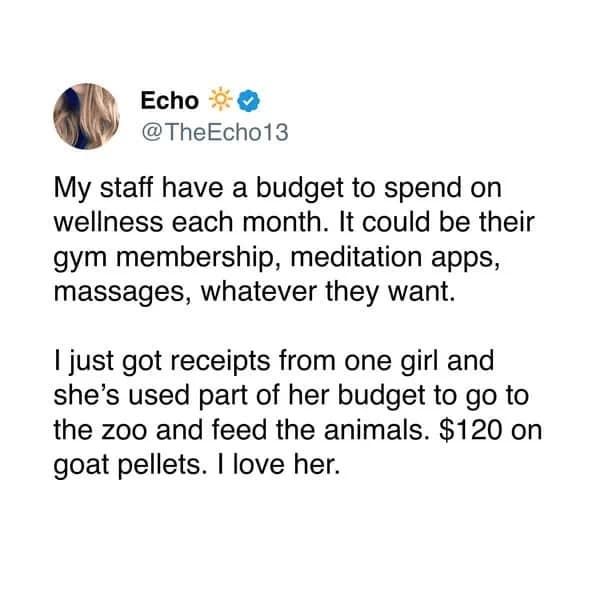 Wholesome tweet about an employee using her company wellness budget to buy $120 in goat pellets at the zoo.