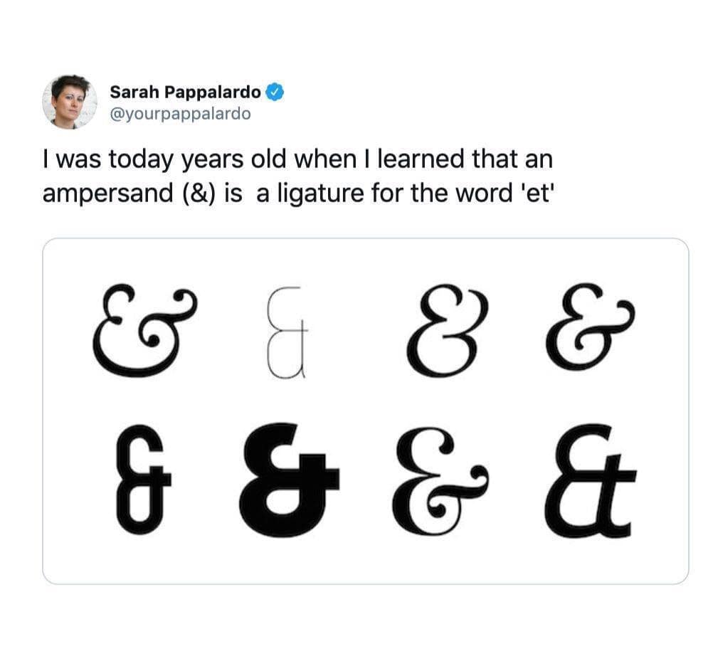 Infographic explaining the ampersand symbol is a ligature for the Latin word et.