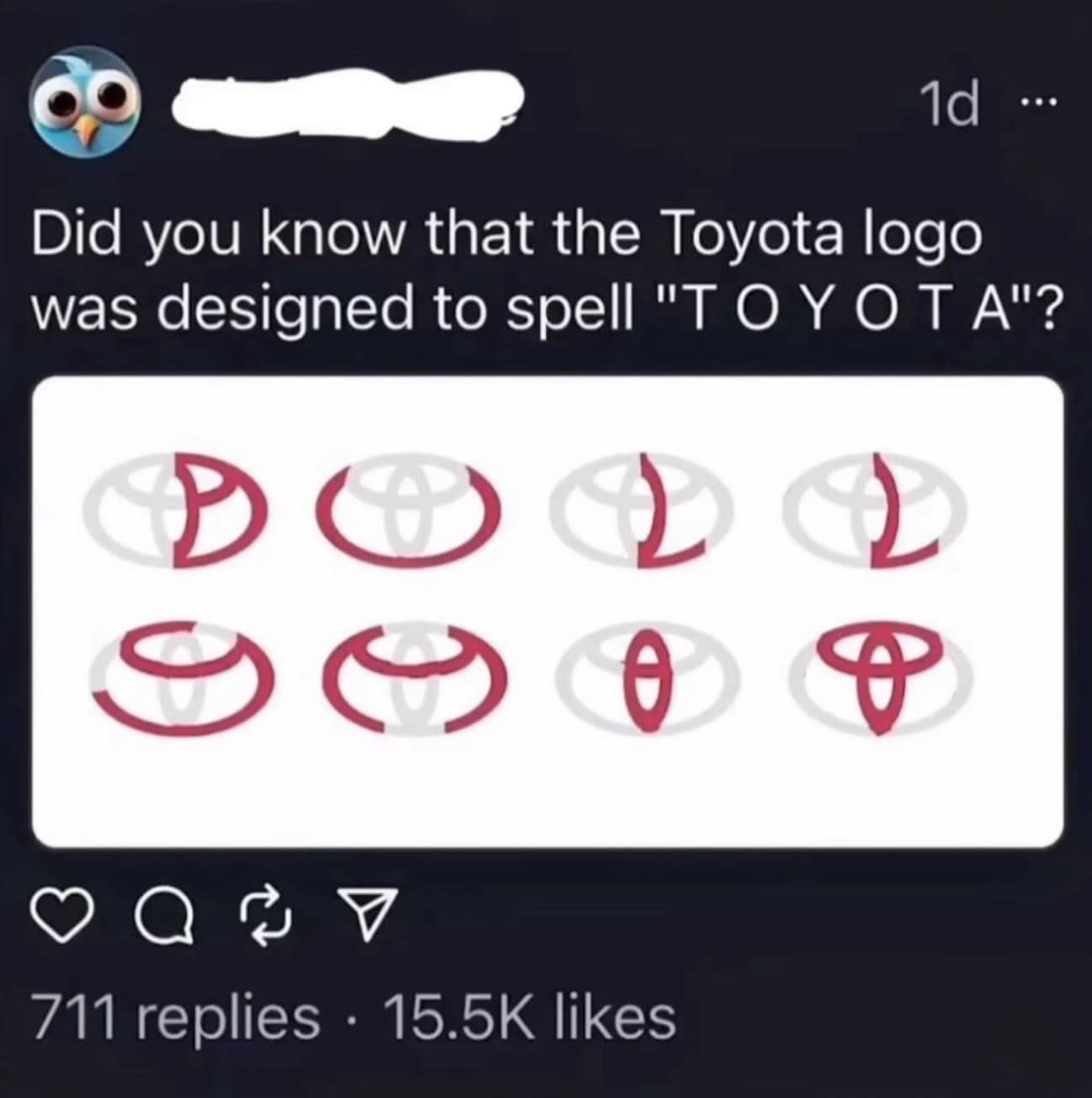 Diagram showing how the Toyota car logo contains every letter of the brand name.